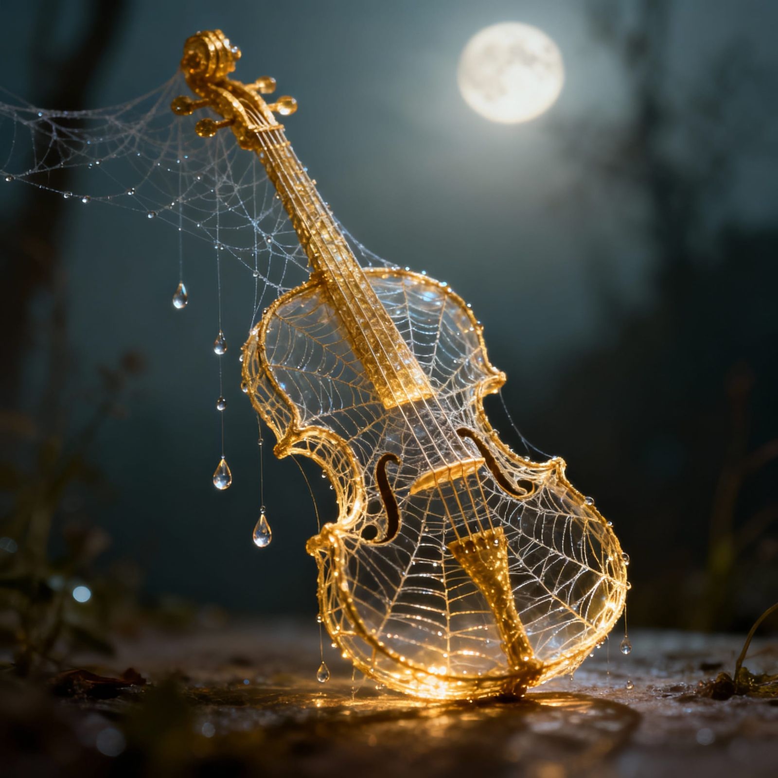 Golden Spiderweb Violin in Mystical Light