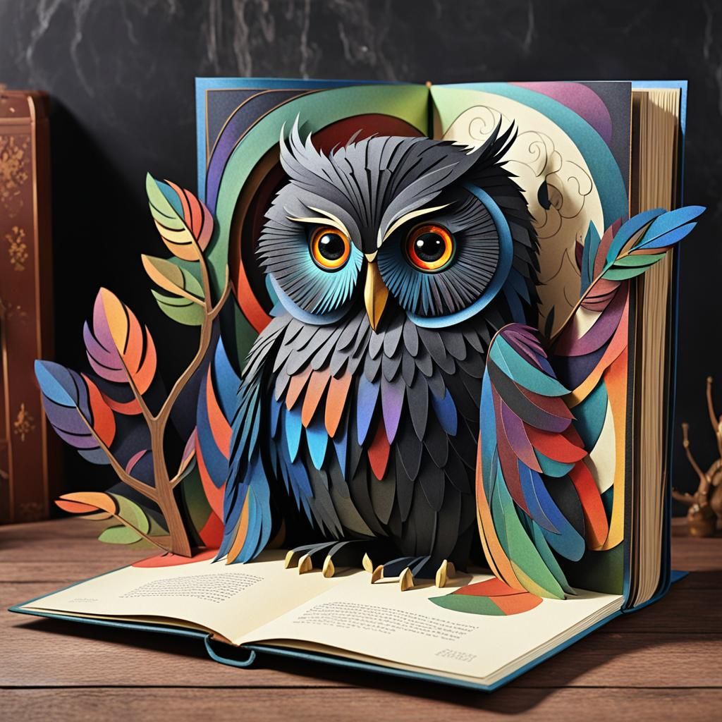 Steampunk Cubist Owl-Man in Pop-Up Book Style