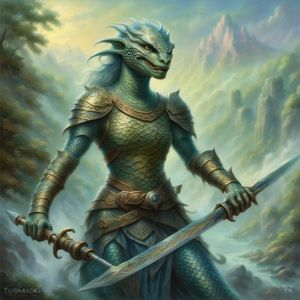Ethereal Reptilian Woman Warrior in Fantasy Mist