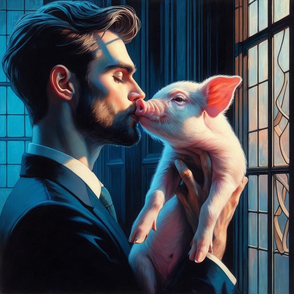 Men kissing a pig next to a window, art art Nouveau