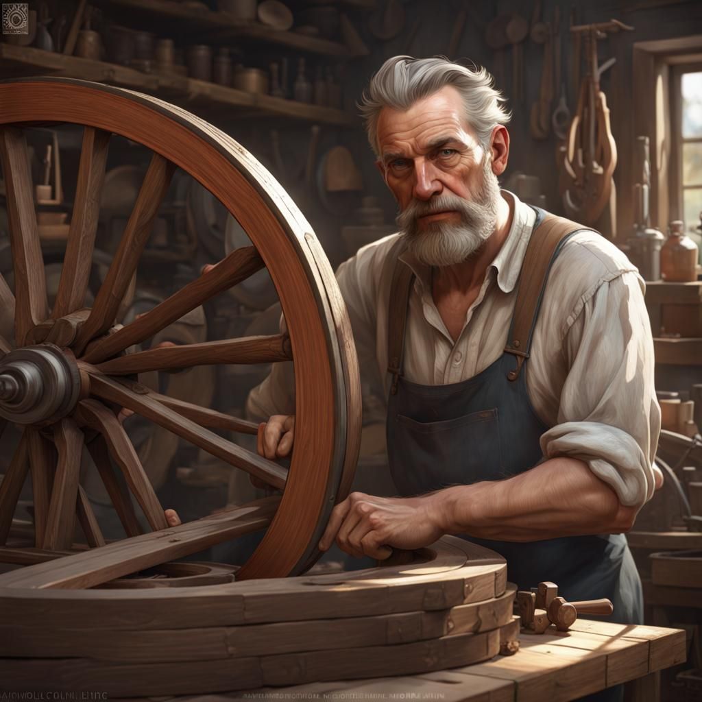 Wheelwright Making Wagon Wheel, Detailed Digital Portrait