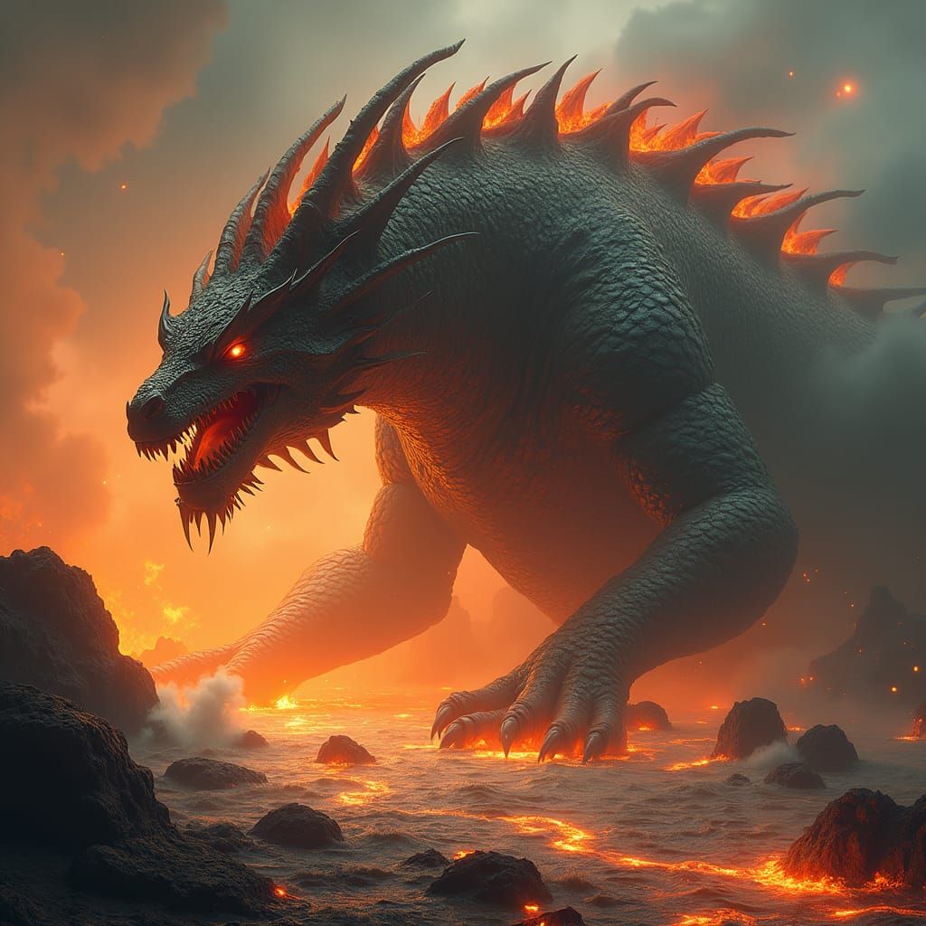 Majestic Mythical Monster in Fiery Lava Sea