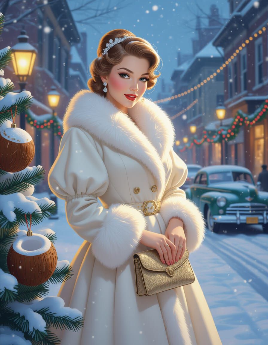 1940s Snow Maiden with Festive Coconut in Retro Street