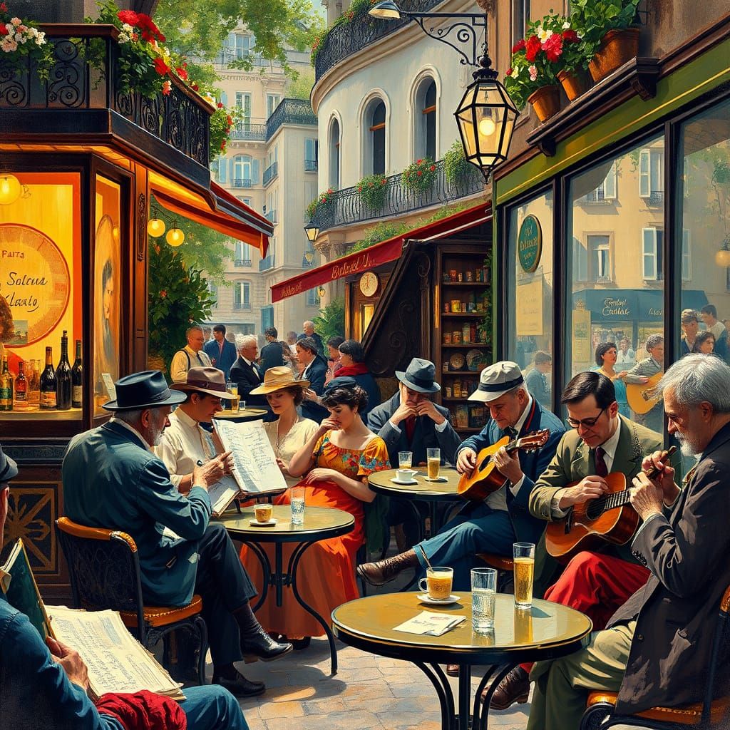 Parisian Cafe Scene in Impressionist Style