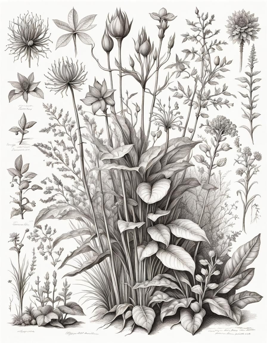 Intricate Ink Drawing of Fantasy Plants