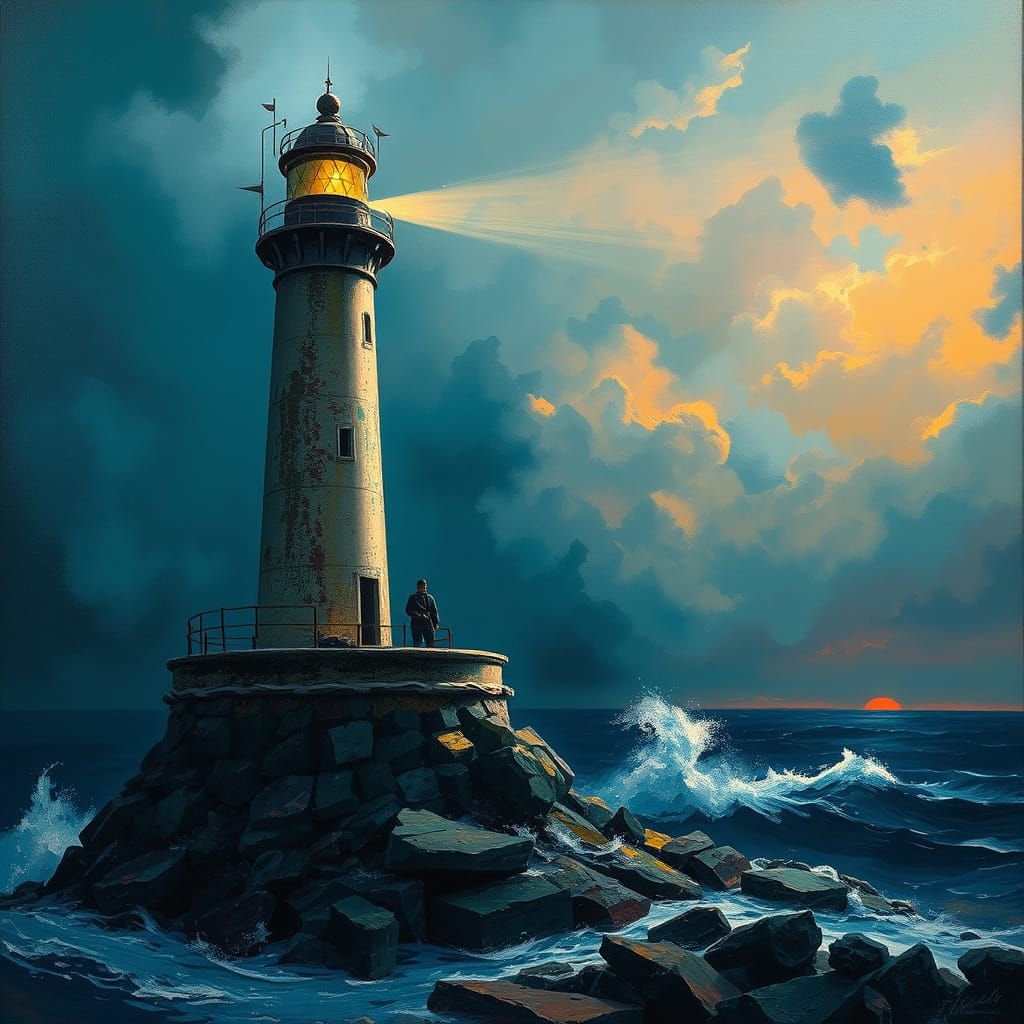 Lighthouse Against Stormy Sea: Hyper-Detailed Oil Painting