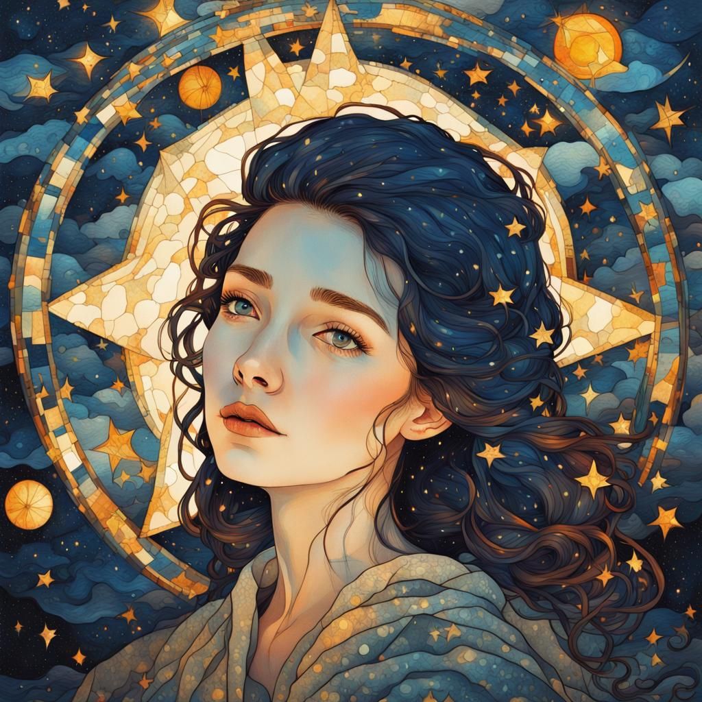 Stained Glass Woman Under Starry Night Sky