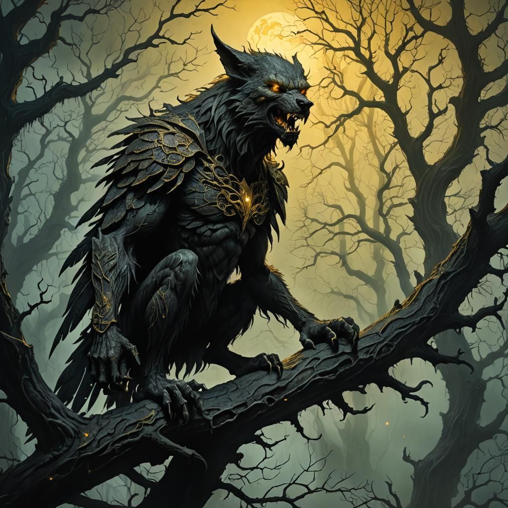 Majestic Werewolf Surveys Twilight Realm in Dark Fantasy Sty...