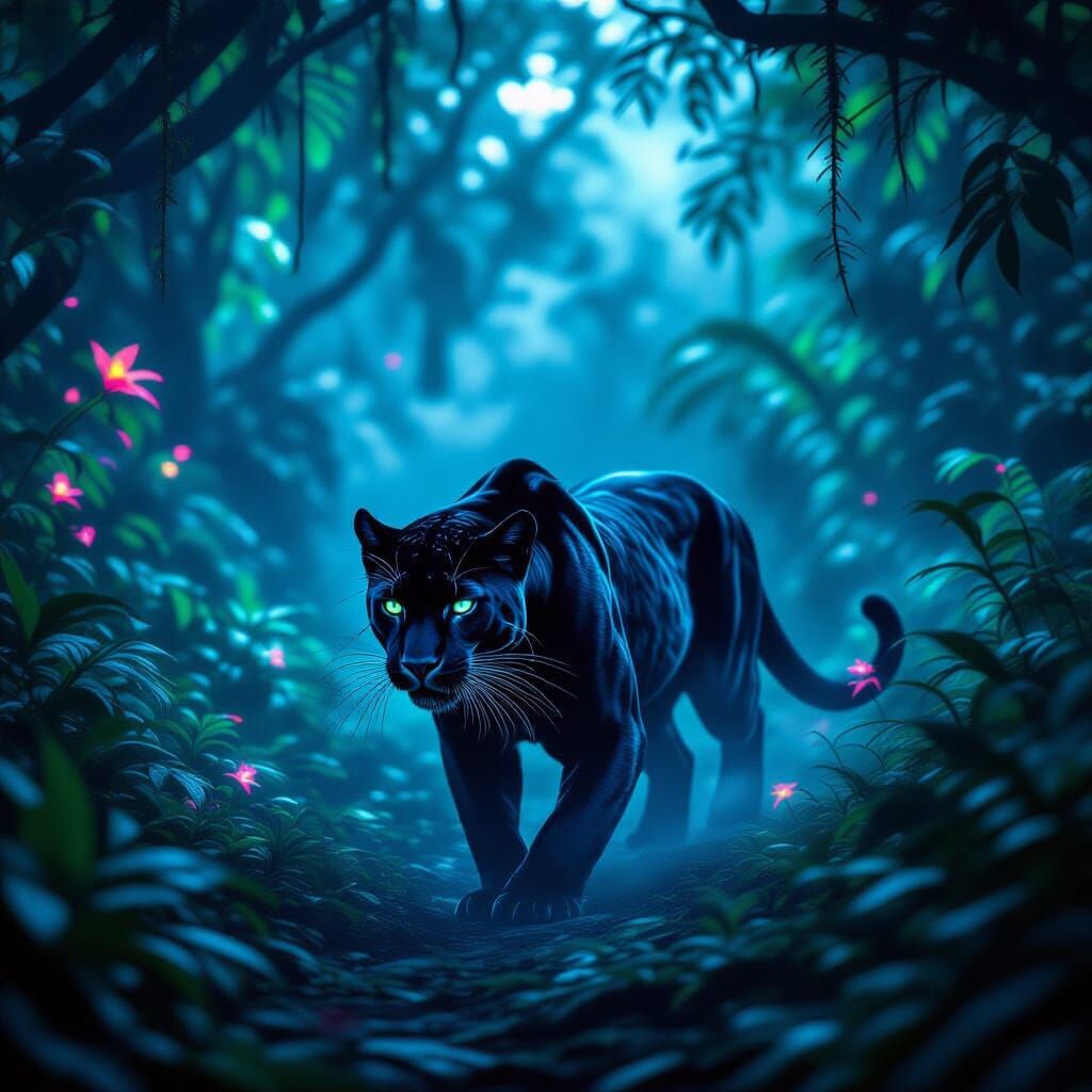 Bioluminescent Panther in Alien Jungle