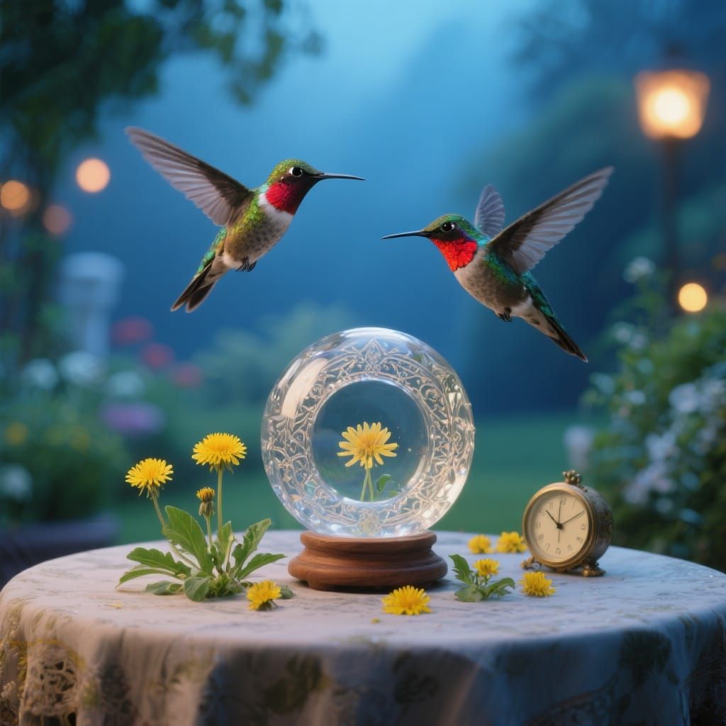 Hummingbirds in Glass Orb, Cinematic Film Still