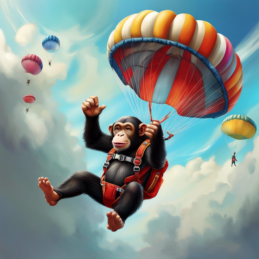 Skydiving Chimpanzee in Hyperrealistic Digital Art