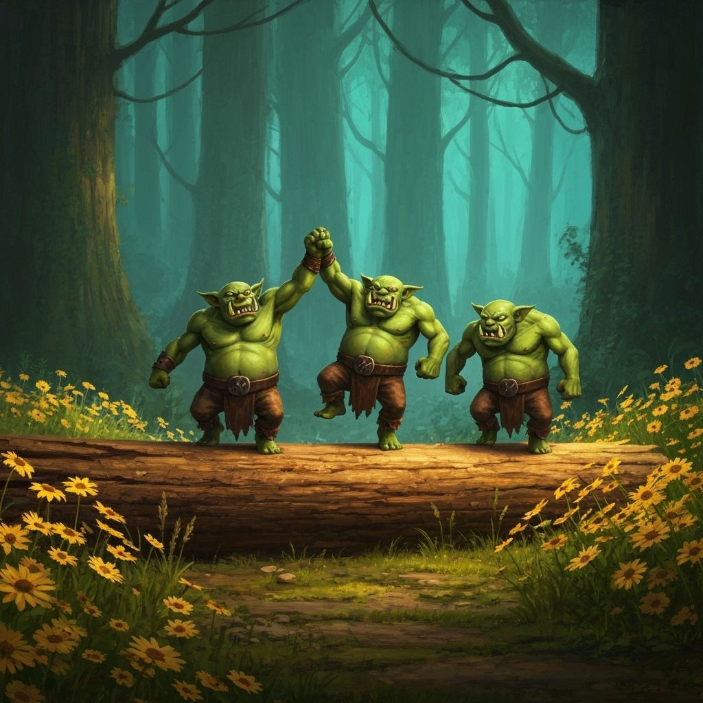 Trio of Ugly Orcs Dancing in Fantasy Forest