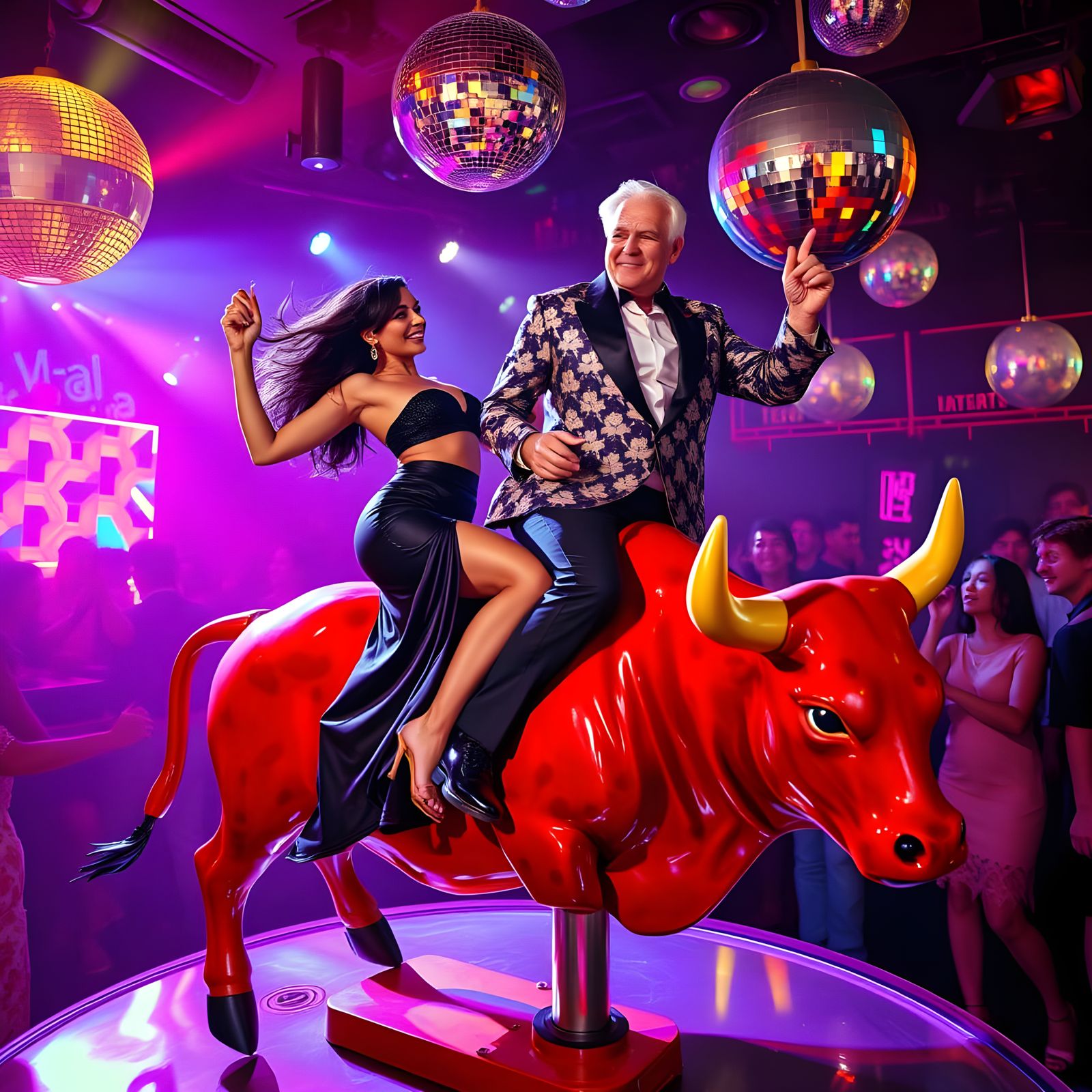 Vibrant Disco Dance Scene on a Mechanical Bull
