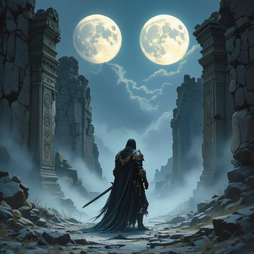 Knight Guarding Ancient Ruins Under Twin Moons