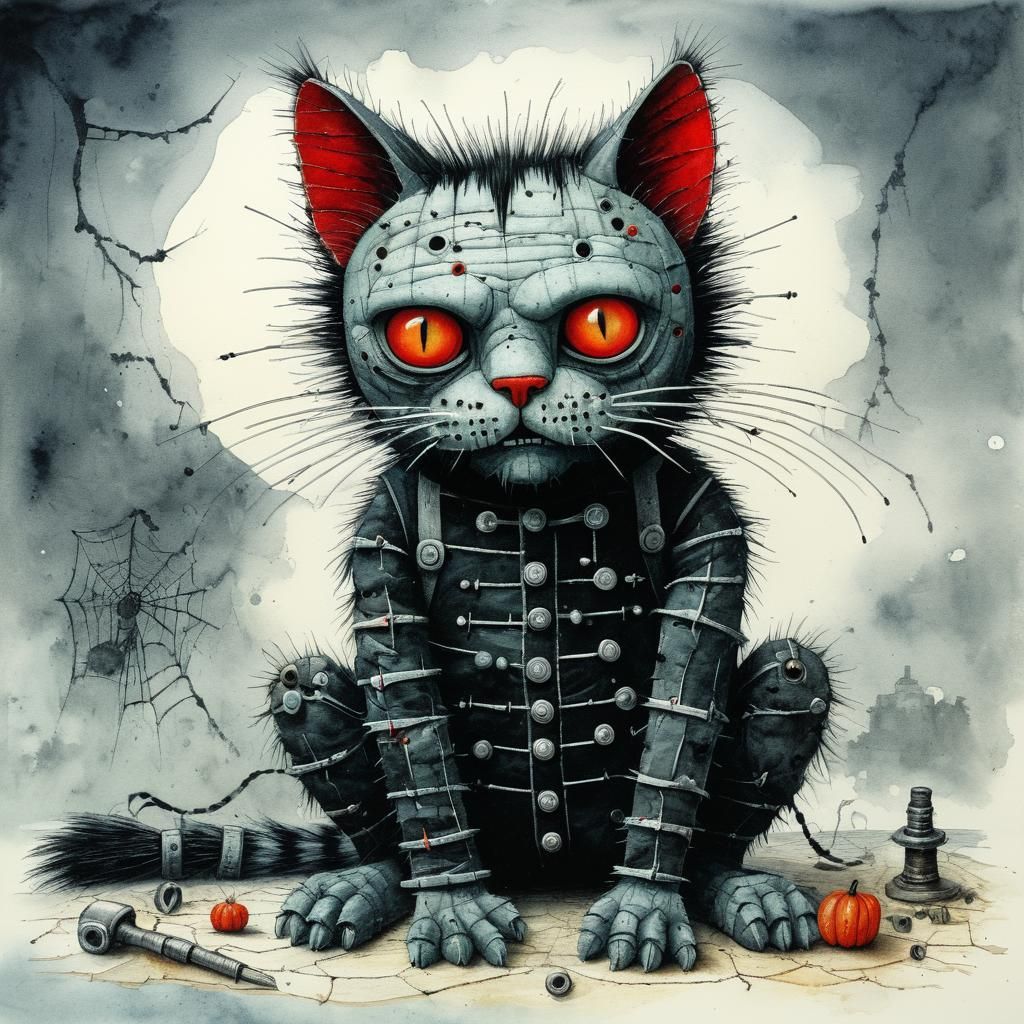 Surreal Horror: Frankenstein Cat in Watercolour Style