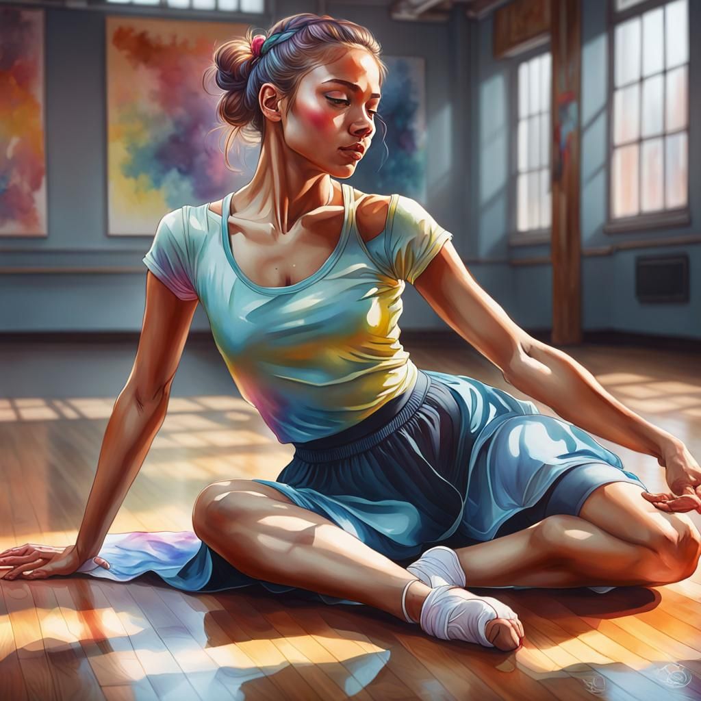 Watercolor Dance Class: Hyperrealistic Stretching Girl
