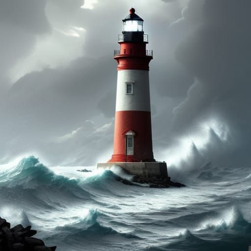 Lighthouse on Raging Ocean in Hyperdetailed Digital Art