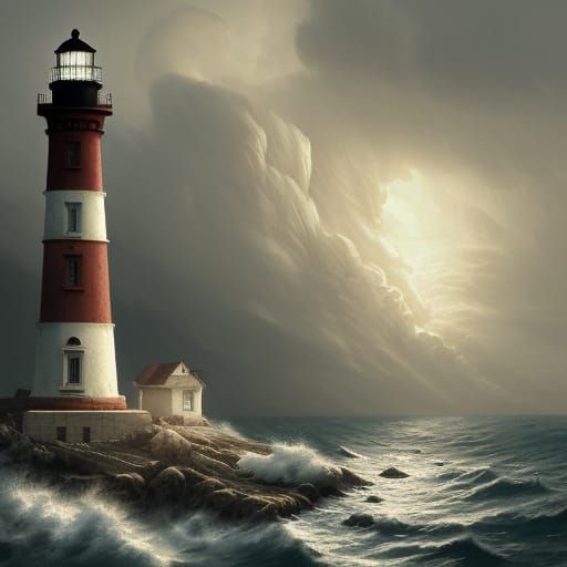 Lighthouse on Raging Ocean: Hyperdetailed Digital Painting