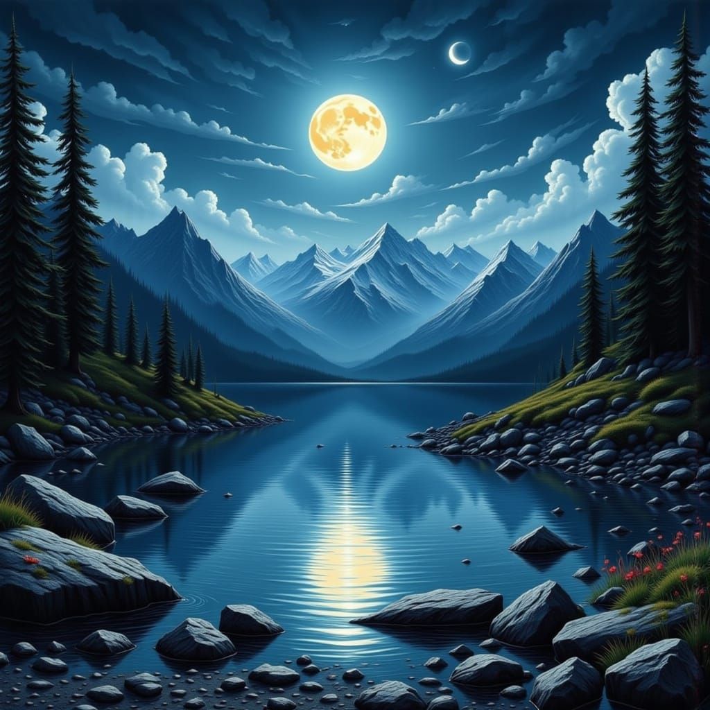 Moonlit Mountain Lake in Deco Surreal Style