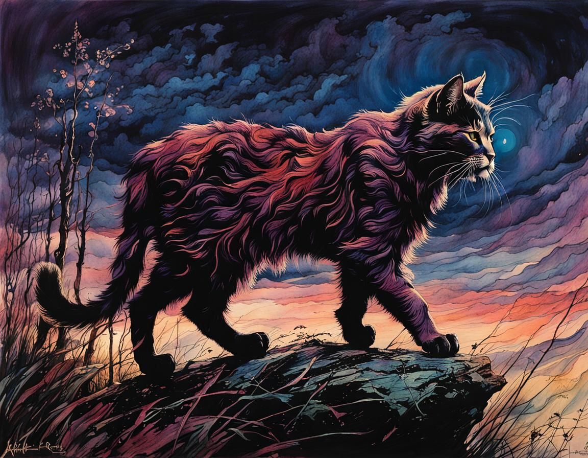 Medieval Cat on the Prowl: Nocturnal Detailed Art