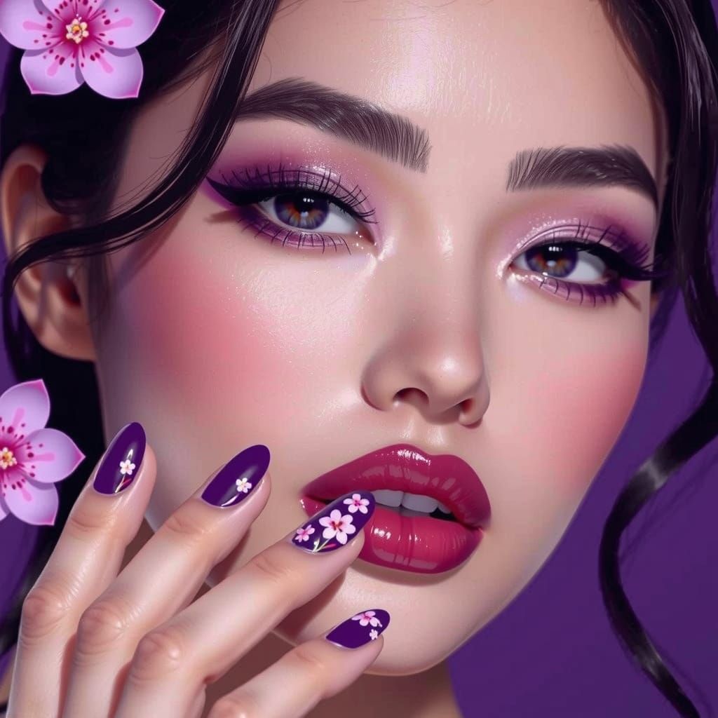 Plum Purple Makeup and Nails, Hyperrealistic Close-up