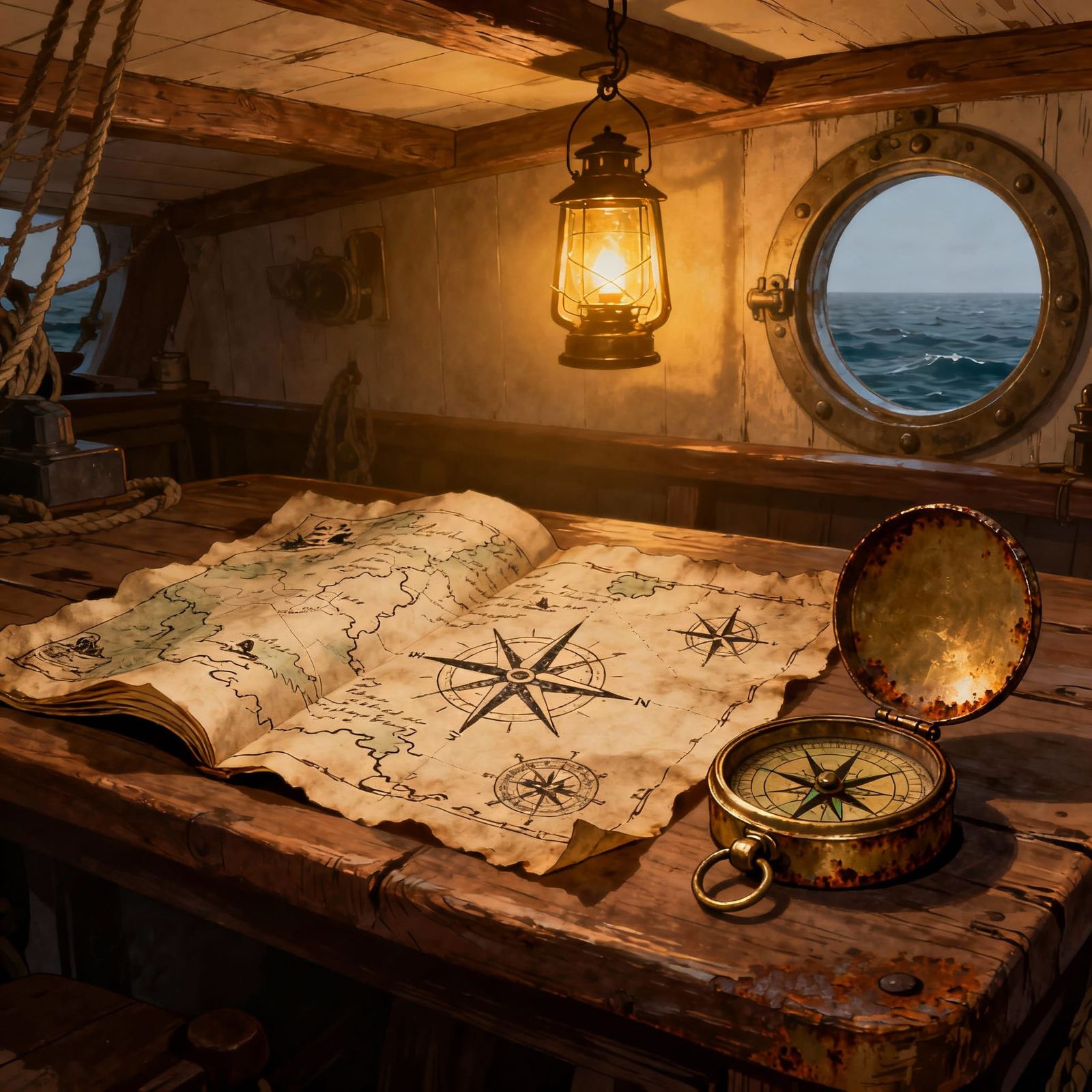 illustration, a compass and a pirate's treasure map , backgr...