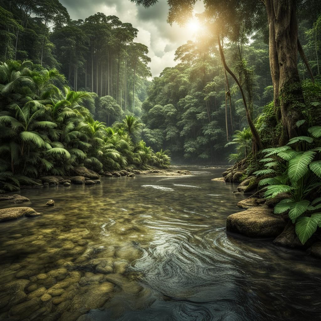 Hyperrealistic Amazonian Rainforest Scene in Summer