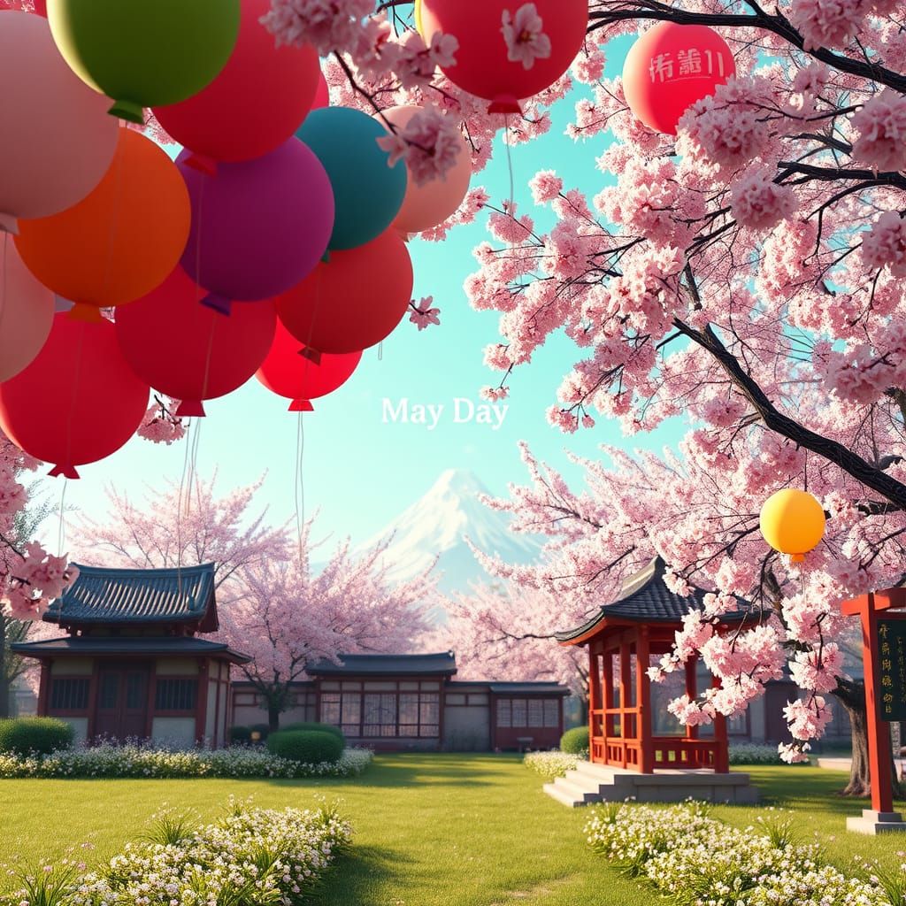Vibrant Cherry Blossom Balloon Festival in a Fantastical Rea...