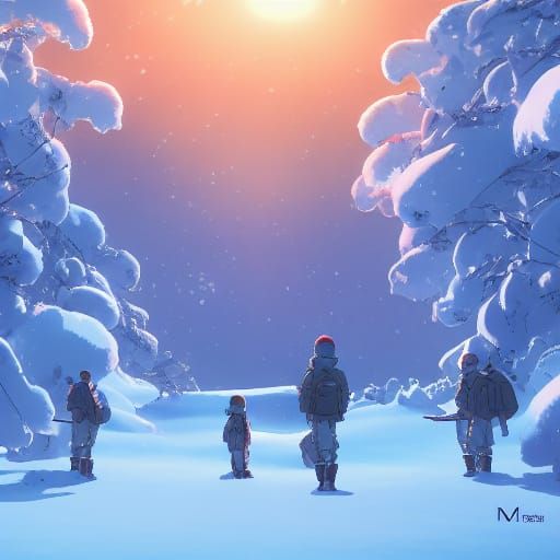 Anime Soldiers in Snowy Landscape, Ghibli Style