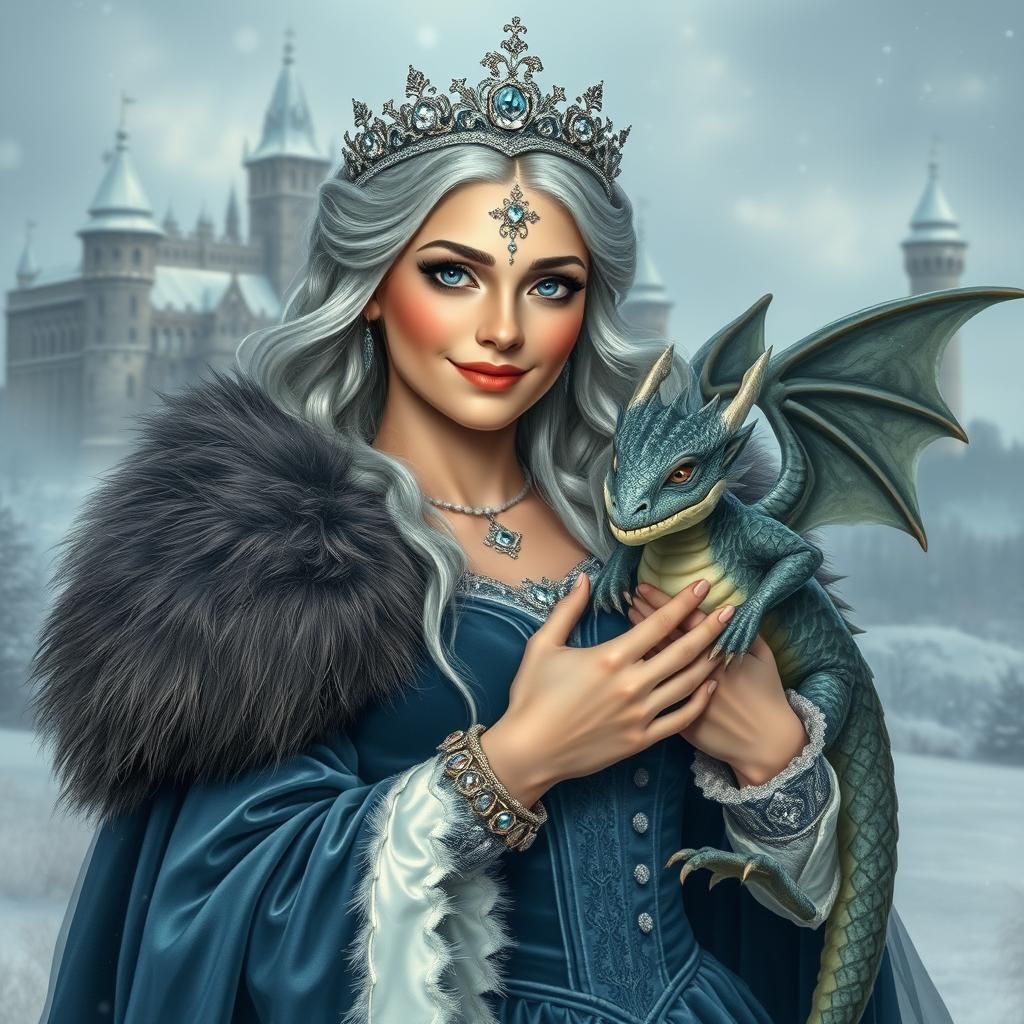 Snow Queen with Dragon in Pre-Raphaelite Style
