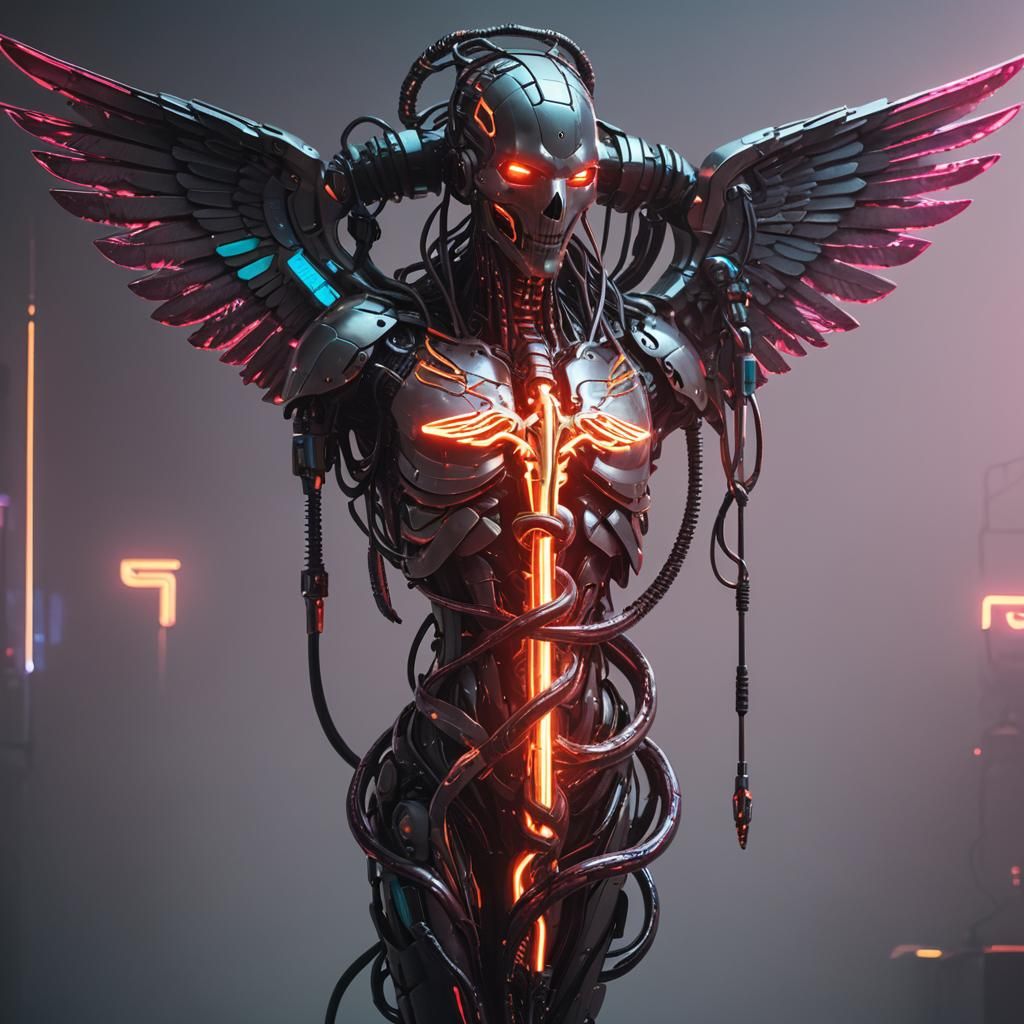 Cyberpunk Caduceus in Neon-Lit Futuristic Setting