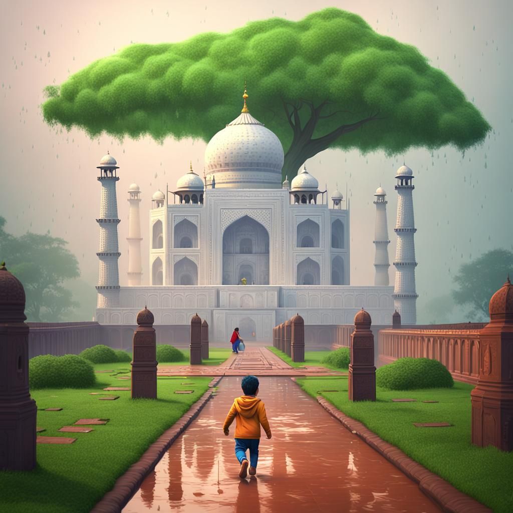 Taj Mahal on Rainy Day: Pixar-Style 3D Render