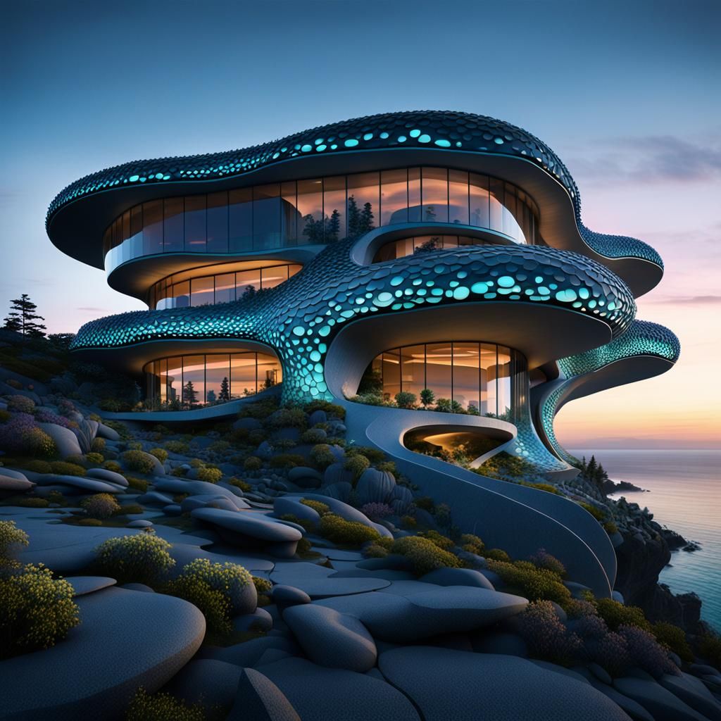 Bioluminescent Biomorphic Architecture at Sunset