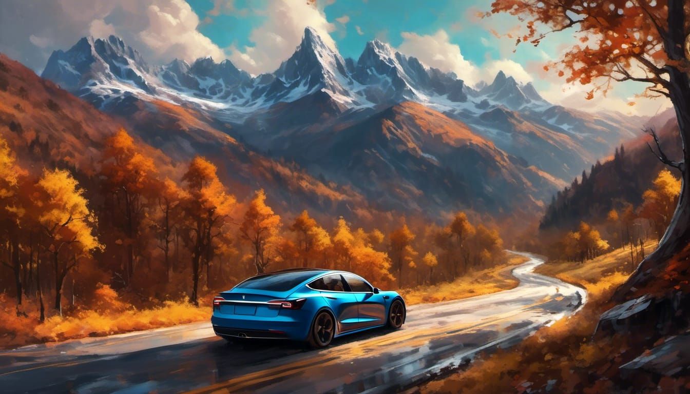 Tesla Model 3 on Mountain Road with Pearlescent Paint