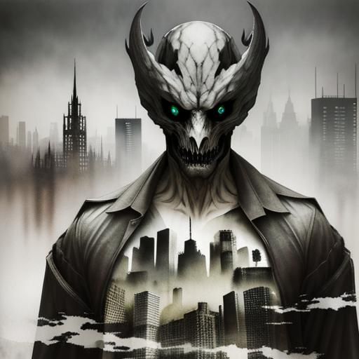 Surreal Double Exposure: Monster in Dystopian Cityscape