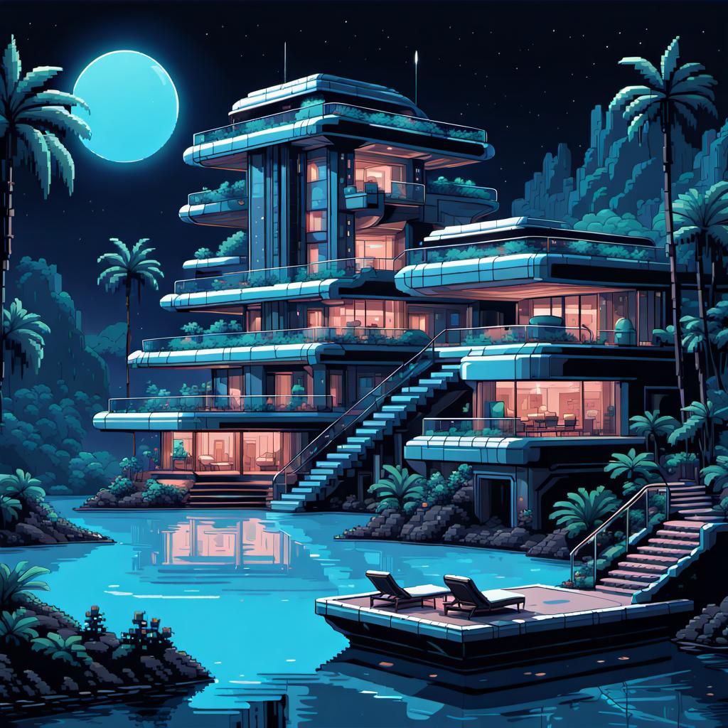 Futuristic Hotel by Blue Lagoon in Pixel Art
