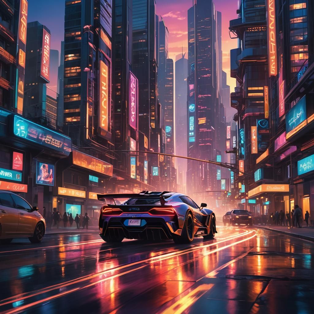 Neon Racing Car in Futuristic Cityscape