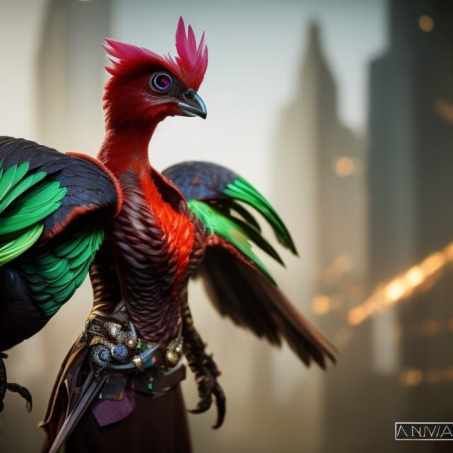 Ethereal Alien Chicken Warrior in Art Nouveau Style