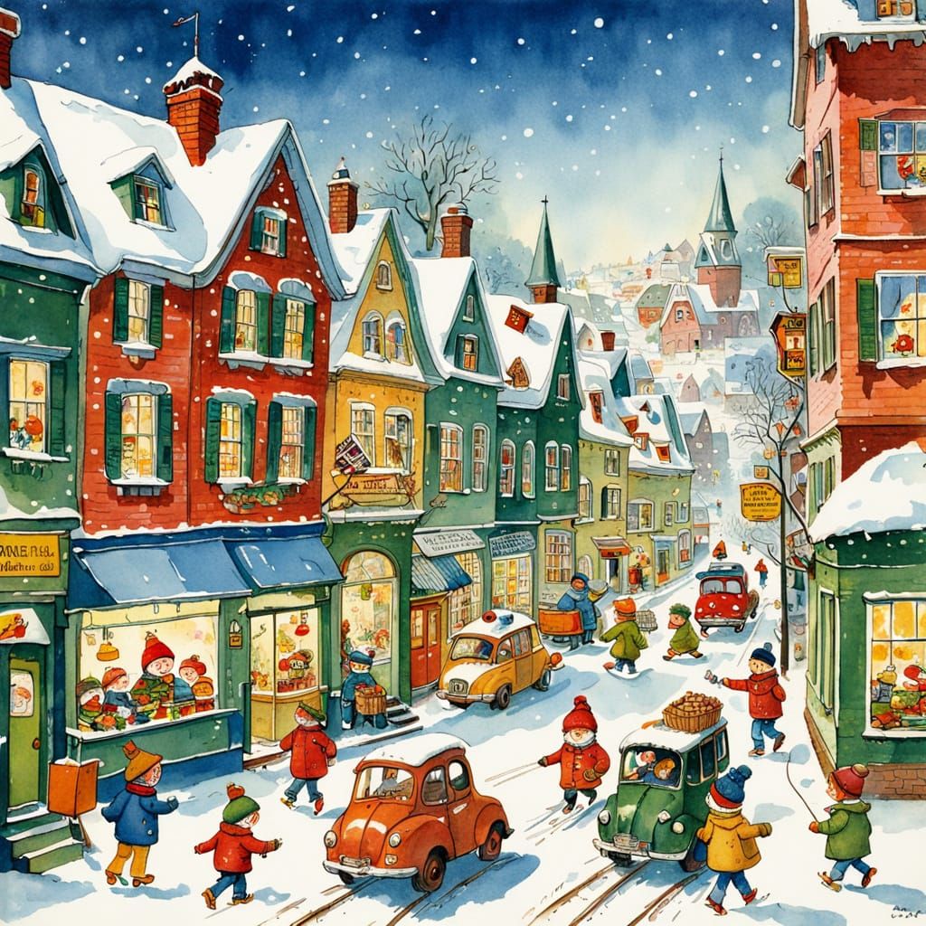 Charming Winter Town in Watercolor Illustration