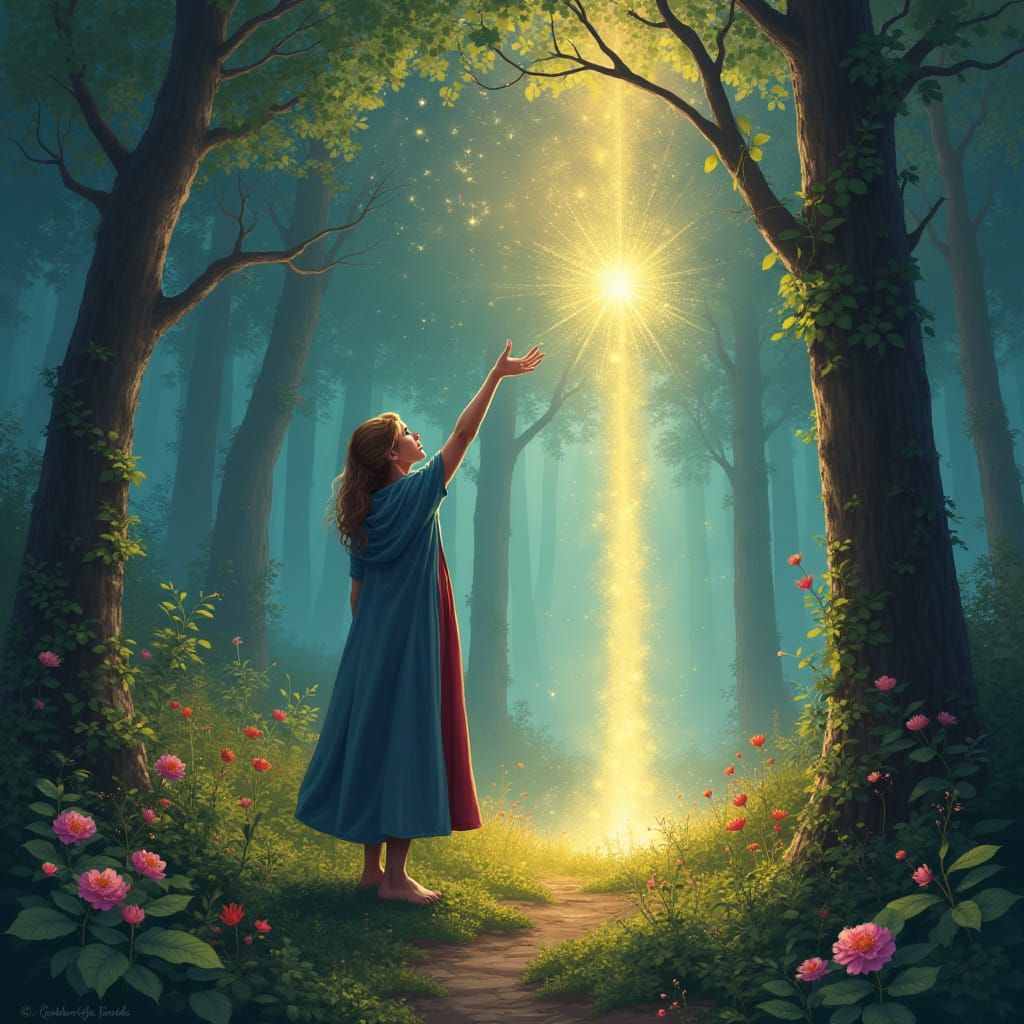 Mystical Woman Reaching for Stars in Ethereal Forest
