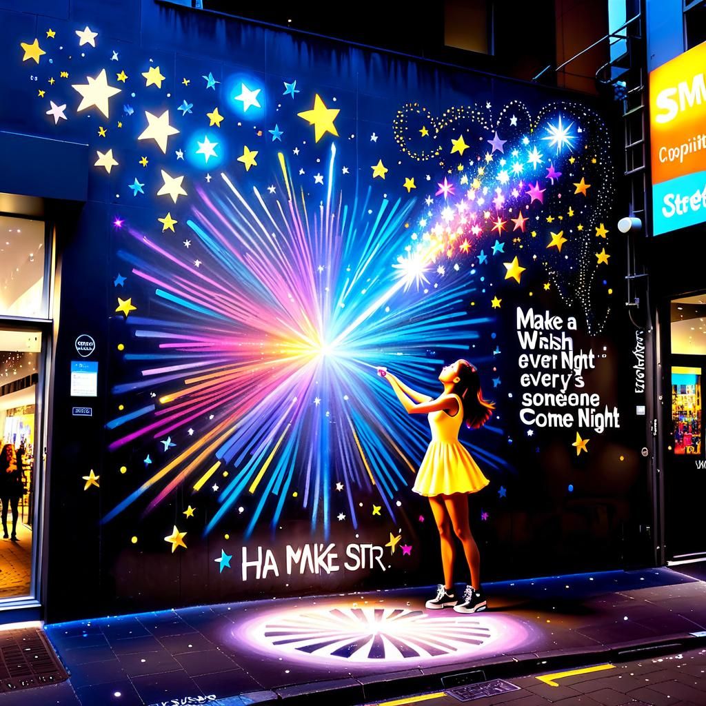 Colorful Street Art: Girl Wishing on Starry Night