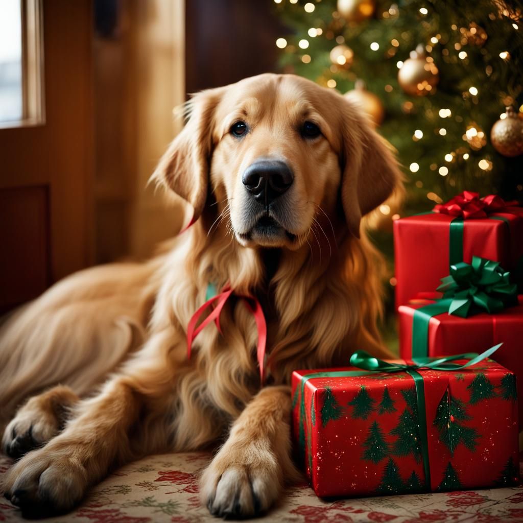 Golden Retriever Christmas Portrait in Cozy Cabin