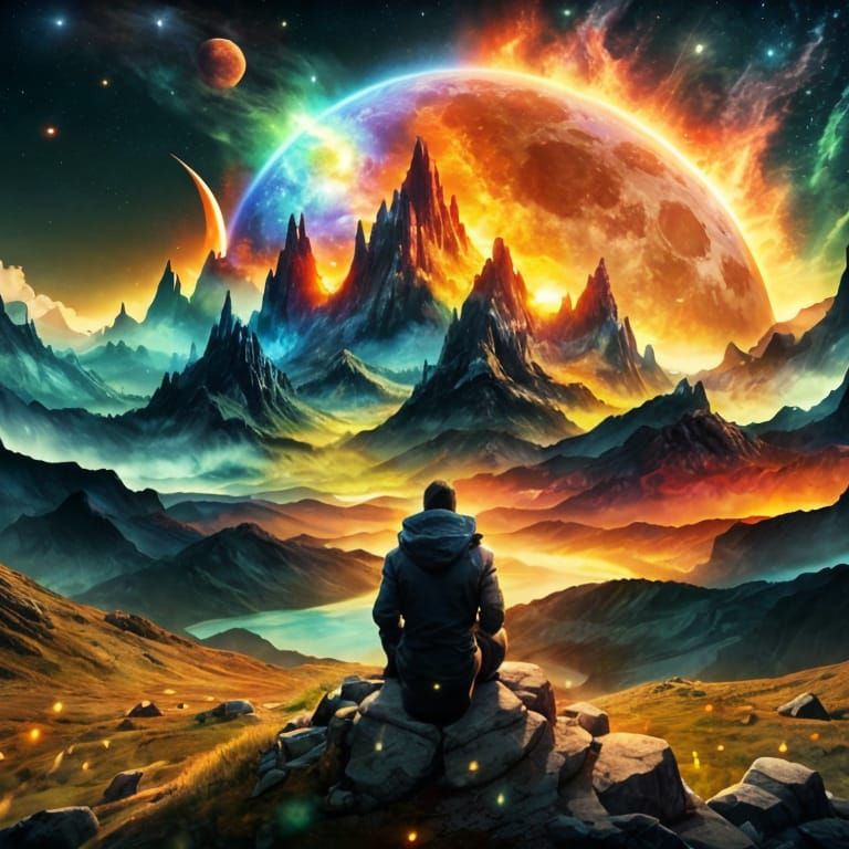 Contemplative Man on Cliff Under Fire Rainbow Moon