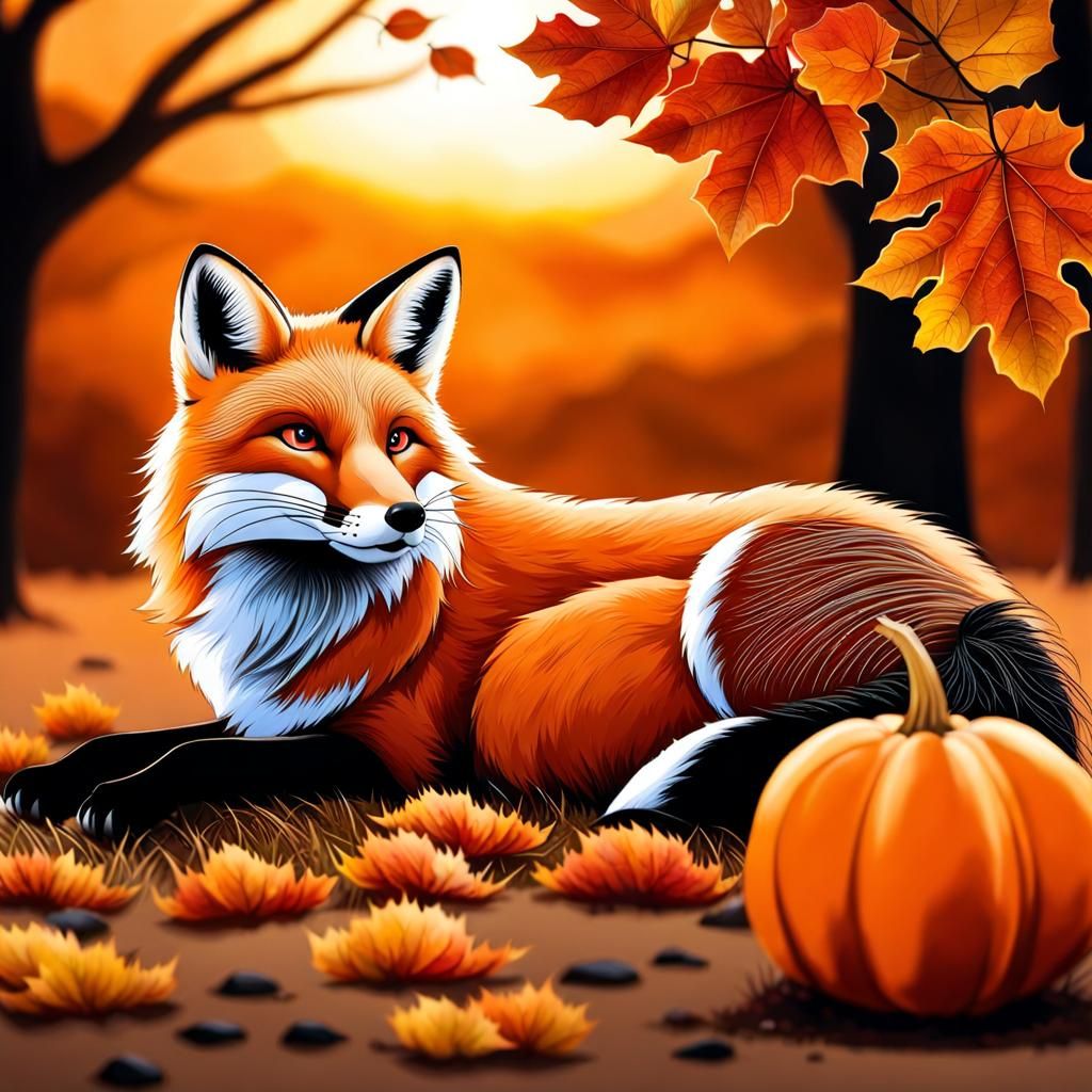 Fox and Pumpkin in Autumn Sunset Light