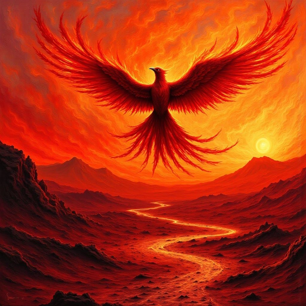 A flaming red phoenix with fiery feathers flying over a red ...