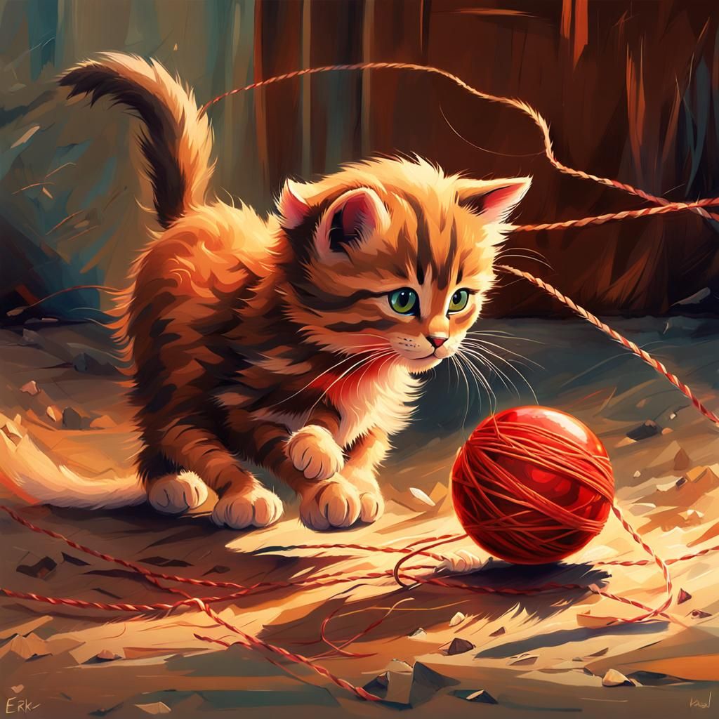Kitten Chasing String in Impressionist Style