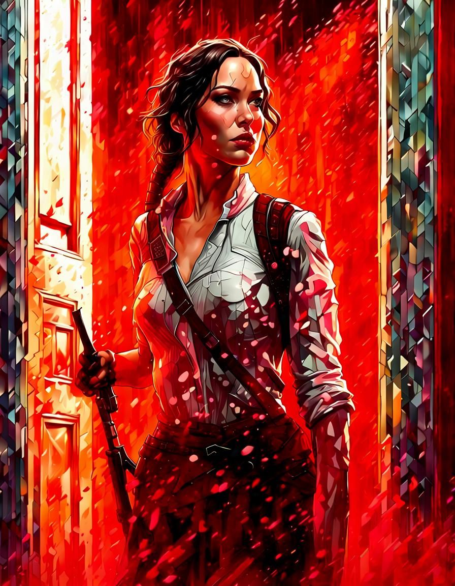 Katniss Emerges from Red Fog: Digital Art Portrait