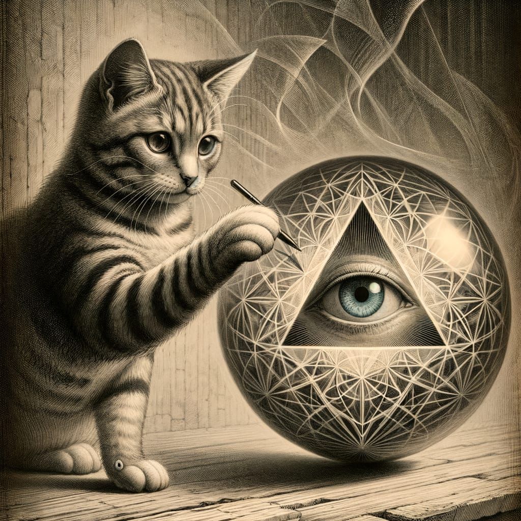 Surreal Feline Confronts Escher-Inspired Optical Illusion
