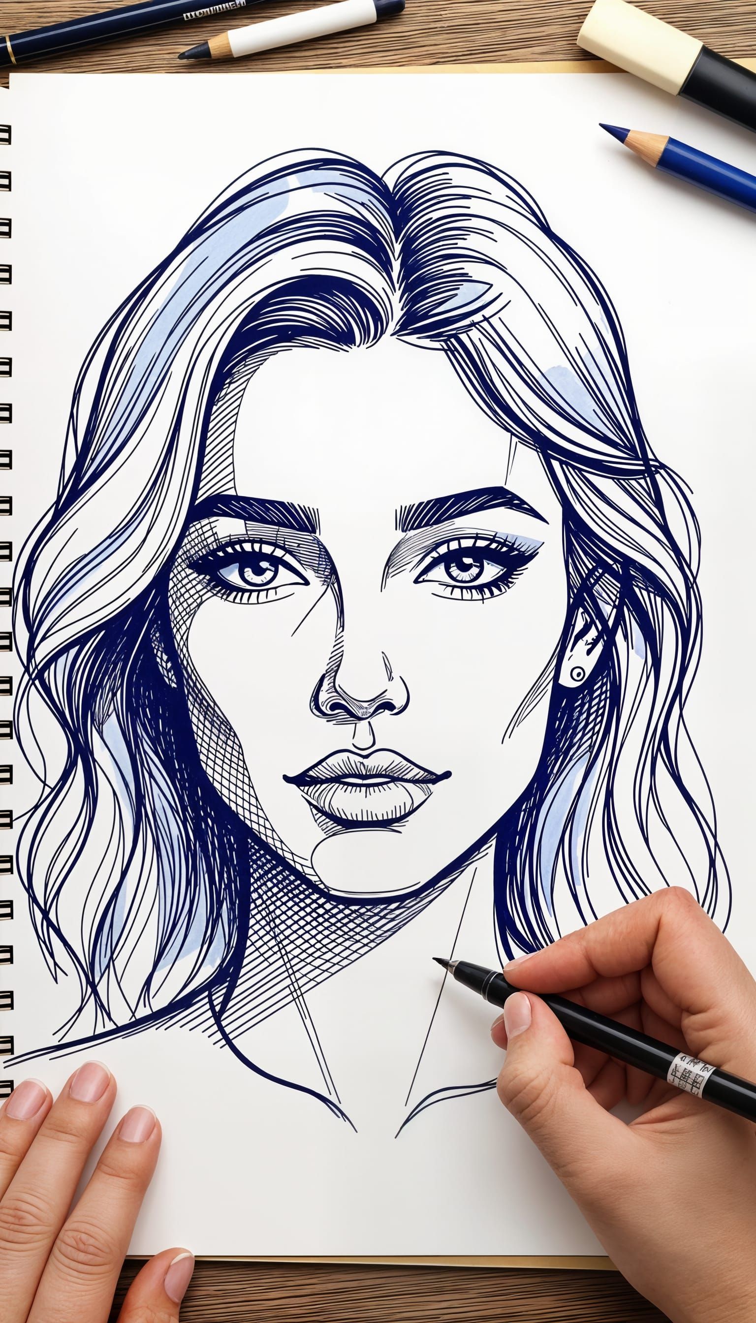 Line Drawing Sketch of Face with Artist's Tools