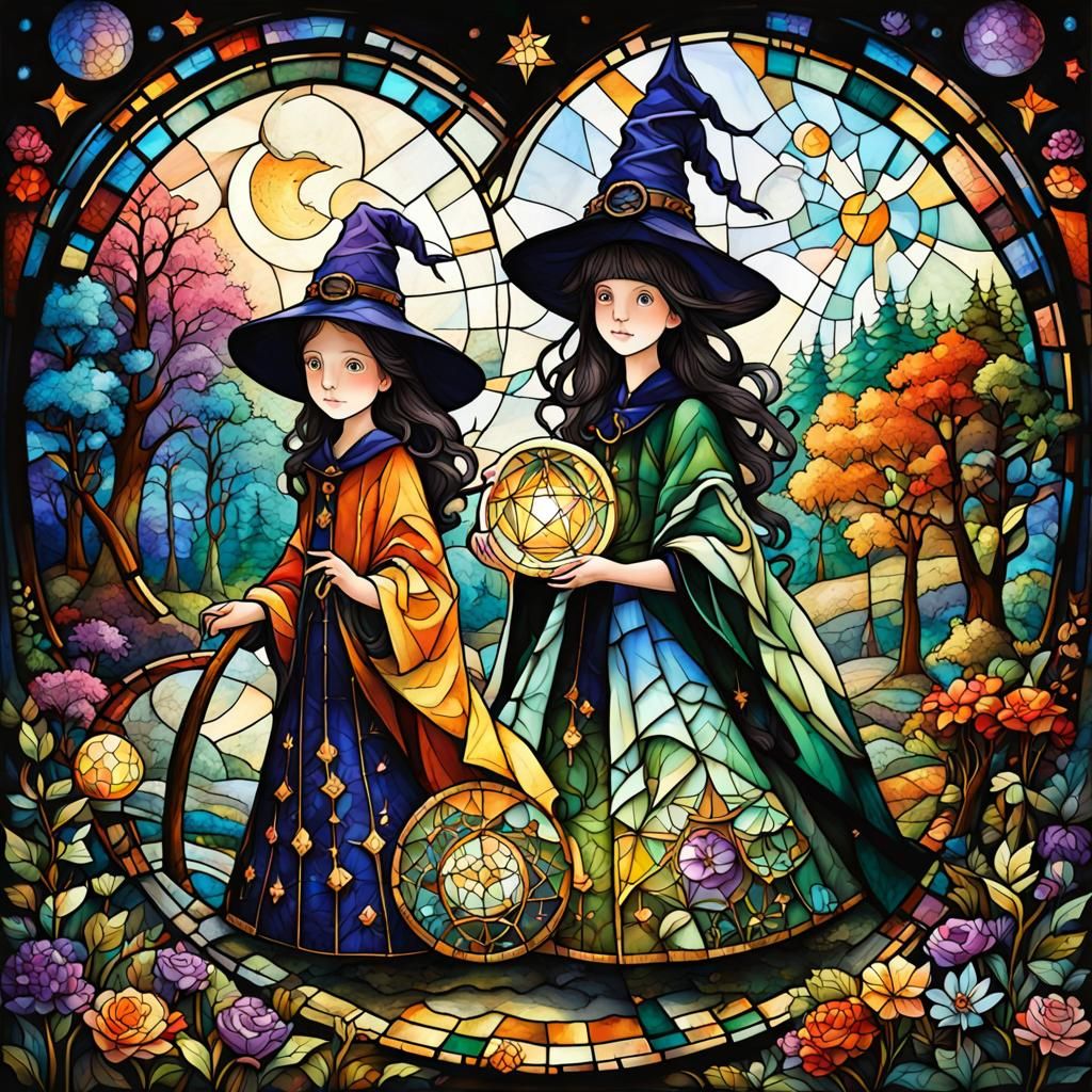 Stained Glass Witches in Whimsical Forest Clearing